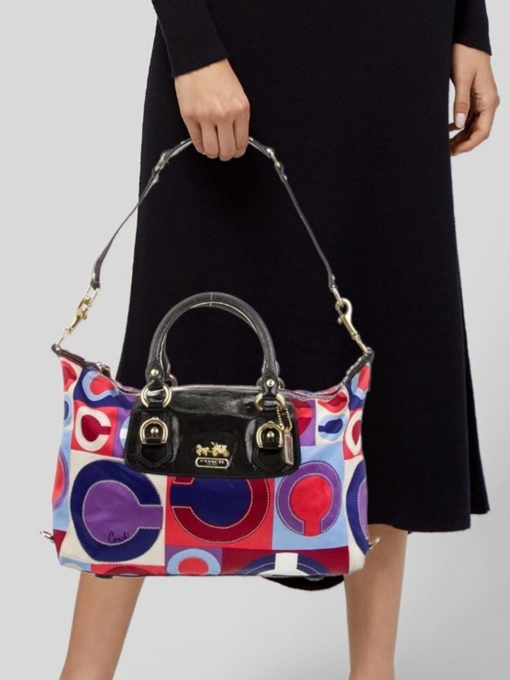 Coach Multicolor Geometric Signature Satchel with Black Patent Trim